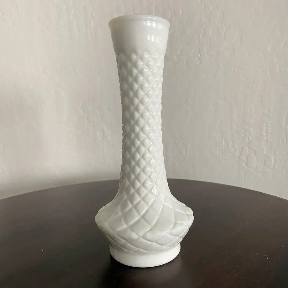 Milk glass bud vase Randall vintage quilted diamond flared 9”